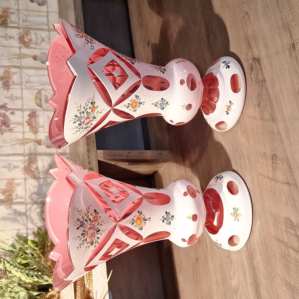 Bohemian milk and cranberry vintage matching vases
